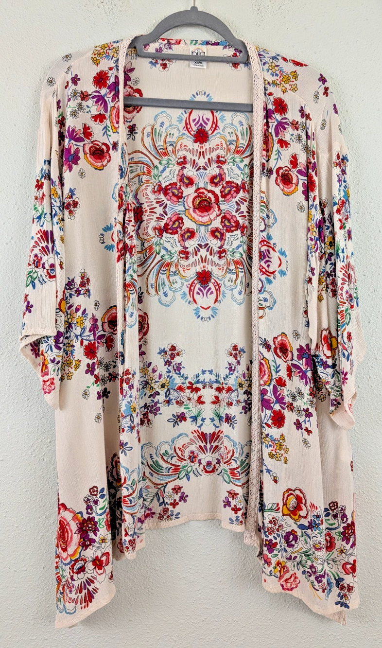 Bila sz XS/S Open Front Cardigan Jacket top floral elbow wide sleeves 3634